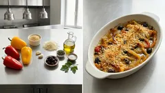 Peperoni gratiniert in der Pfanne – mit Parmesanbröseln, Oliven und Kapern