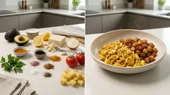 Veganer Brunch wie im Café: Rührtofu mit Avocado, knusprigen Kartoffeln und Tomaten