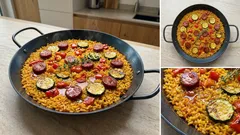 Paella mit Zucchini und Chorizo – in der Pfanne ansetzen, im Ofen fertig garen