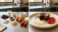 Kleiner Schokokuchen im Wasserbad – zart gebacken, mit Sahne und Erdbeeren serviert