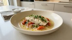 Zanderfilet aus dem Ofen: zart gegart in milder Weißweinsoße mit Tomaten