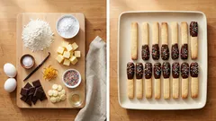 Knusprige Cookie-Sticks aus Mürbeteig – mit dunkler Schoggi-Spitze und Deko