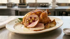 Gefüllte Poularde aus dem Ofen: saftig mit Cranberry-Mandel-Füllung und Weißwein-Sauce