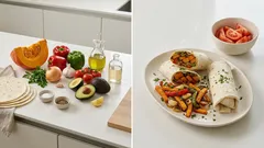 Vegane Kürbis-Wraps mit Paprika – schnell gebraten, mit Tomaten-Avocado-Salat