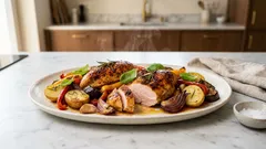 Mediterranes Ofenhähnchen vom Blech: mit Tomate, Rosmarin und geröstetem Gemüse