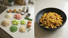Curryreis mit Hähnchen und Gemüse: schnelles Pfannengericht mit schön körnigem Reis