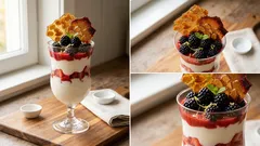 Vanille-Eisbecher im Glas: cremiges Joghurt-Quark-Eis mit Beeren & Mandelkaramell-Crunch