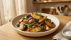 Mediterraner Kartoffelsalat lauwarm: mit Bohnen, Oliven und Tomaten – leicht & saftig