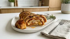 Pizza Stromboli aus dem Ofen: gerollte Pizza mit Pute, Käse und Tomatensauce