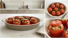 Gefüllte Tomaten aus dem Ofen: saftig mit Reis-Gemüse-Füllung in Tomatensauce