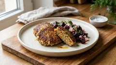 Grünkernfrikadellen, die saftig bleiben – mit Rote-Bete-Käse-Topping aus der Pfanne