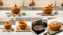 Pasta im Kürbis serviert – cremig mit Pecorino und Speck, perfekt für Gäste